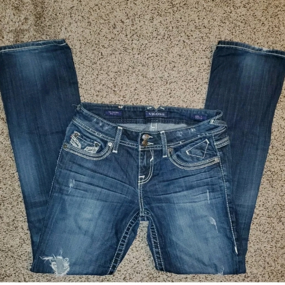 Vigoss Chelsea Distressed Bootcut Designer Stitching Bling Stretch Denim Jeans